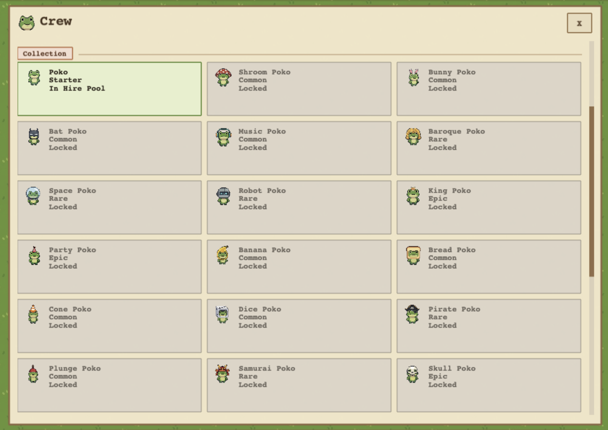 Collection or menu screenshot from Poko's Mint Garden.